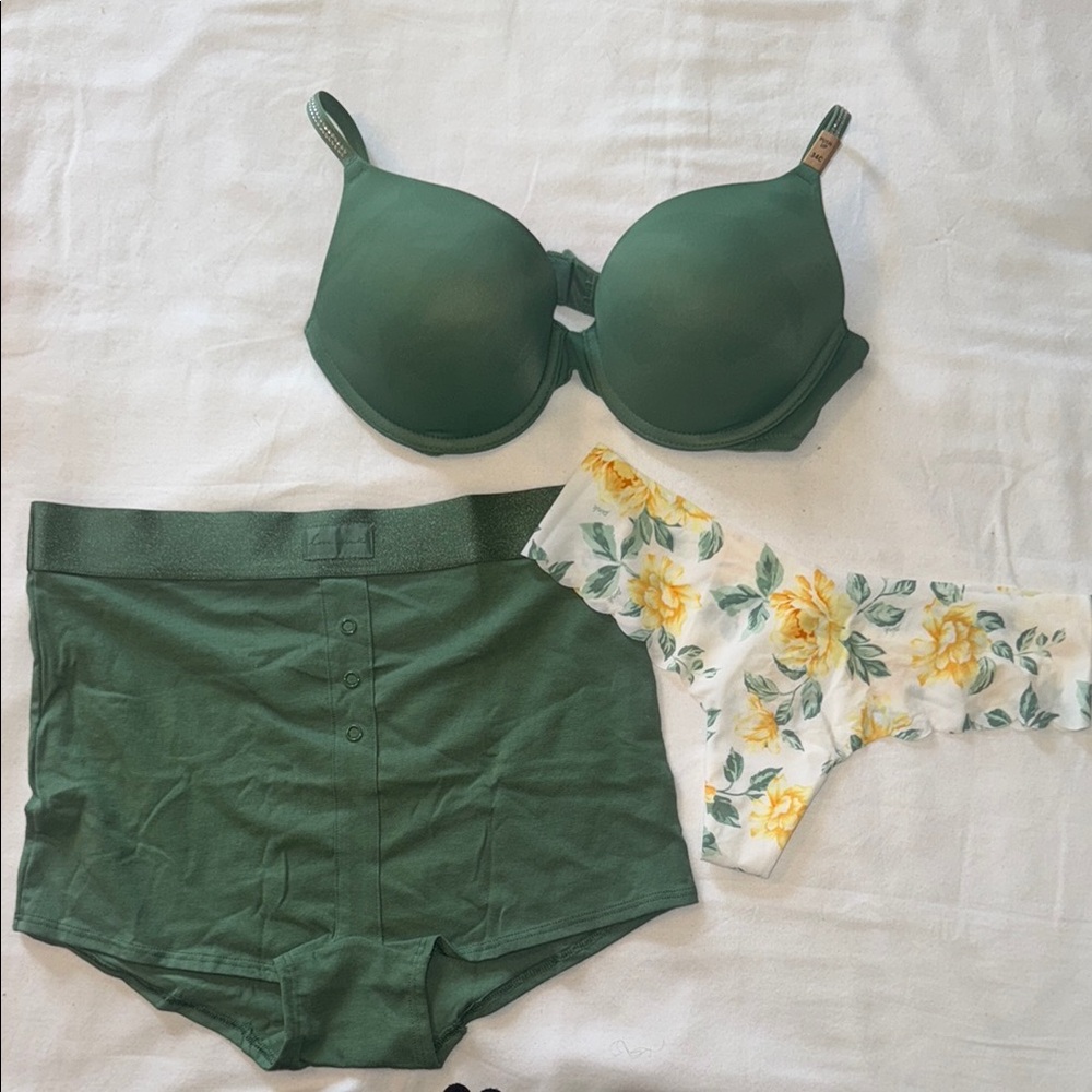 PINK 34C Rhinestone Strap Push Up Green Bra with Matching Boyshort&No Show Thong